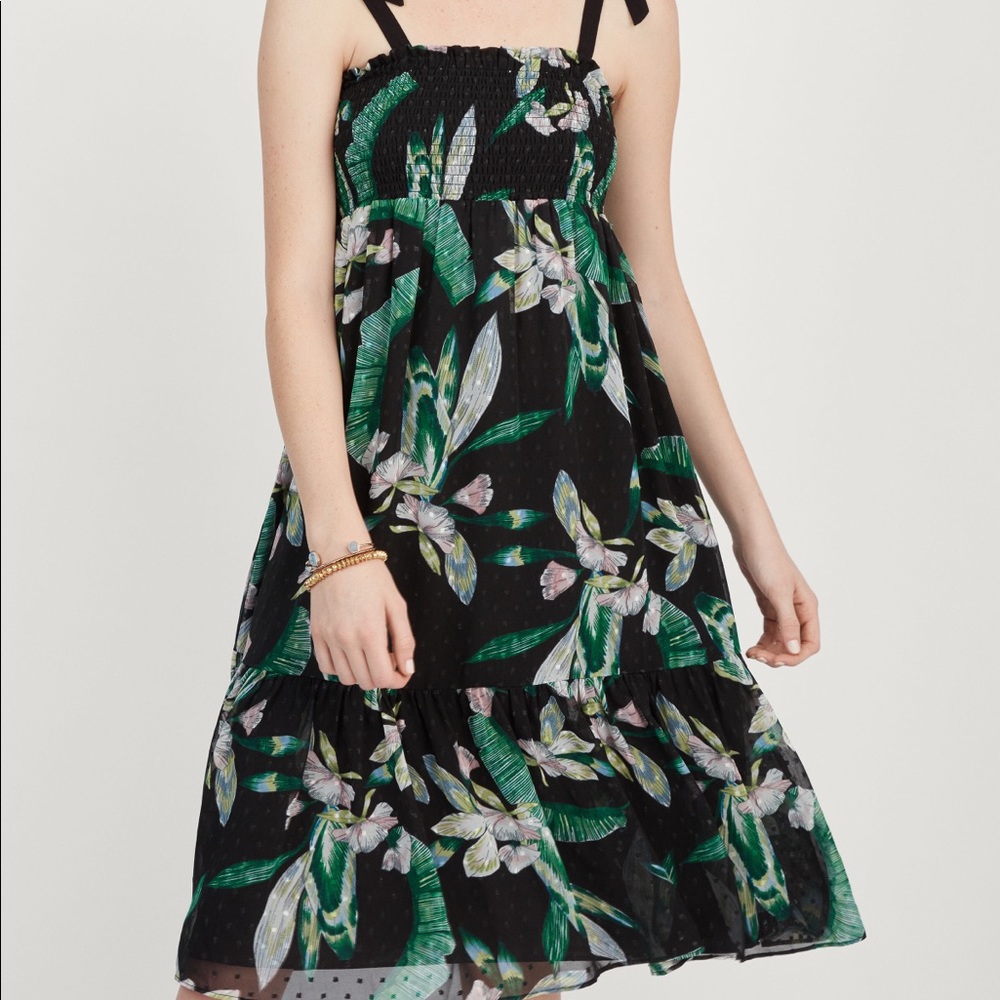 Stella & Dot Black Midi Dress with Green Leaf & White Floral Print